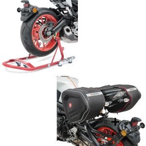 Sett: Monteringsstativ for manøvreringshjelp bakhjul Mover 1 universal rød + sidevesker RF1 40-60 liter volum softshell