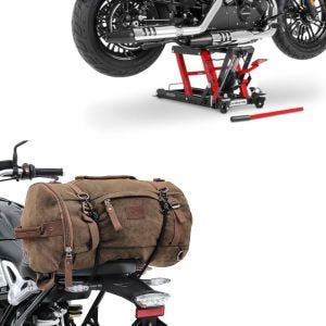 Set: Hebebühne Lift L für Harley und Chopper -680 kg rot + Hecktasche Vintage 35L Canvas Rucksack Gepäckrolle braun_1