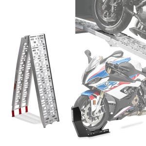 Sett: Tilgangsrampe opptil 340 kg Alu-I sammenleggbar + motorsykkelvippe Easy-Plus motorsykkelstativ opp til 21 tommer matt svart