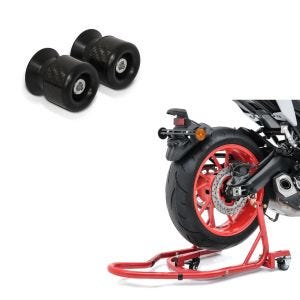 Set: Rangierhilfe Montageständer Hinterrad Mover 2 Racing von rot + Schwingenschützer Bobbins für Montageständer M6-8 carbon_1