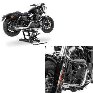 Sett: Motorsykkellift Midlift L motorsykkelløfter for Chopper ConStands opptil 680 kg i sort + crashbar egnet for Harley Davidson Sportster 2004-2020 Craftride Moustache krom