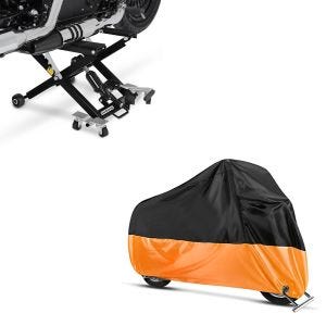 Sett: Midlift XL motorsykkelløft opp til 500 kg i sort + XXXXL presenningstrekk i sort-oransje