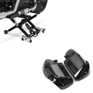 Sett: Motorsykkelløft ConStands Midlift XL motorsykkelløft opp til 500 kg i sort + benskjold egnet for Harley Davidson Touring-modeller 14-24 Craftride ventilert svart