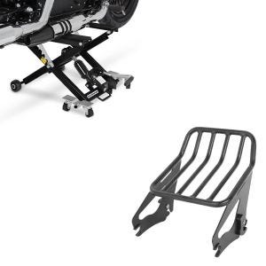 Sett: Motorsykkelløft ConStands Midlift XL motorsykkelløft opp til 500 kg i sort + bagasjeholder W1 avtagbar egnet for Harley Davidson Touring-modeller 09-24 svart Craftride