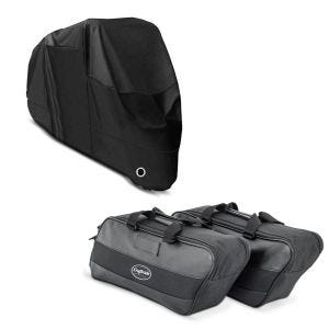 Sett: sideveske innerveske som passer til Harley Davidson Touring 94-24 Craftride + motorsykkelpresenning Craftride XXXXL deksel i svart