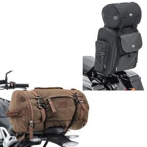 Set: Sissybar Tasche SXL Hecktasche mit Gepäckrolle in schwarz + Hecktasche Vintage 35L Canvas Rucksack Gepäckrolle braun_1