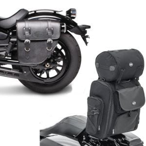Set: Sissybar Tasche SXL Hecktasche mit Gepäckrolle in schwarz + Satteltasche links Texas 10Ltr Seitentasche für Chopper schwarz_1