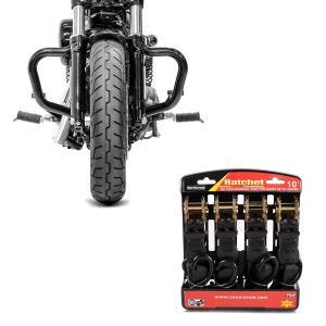 Set: Sturzbügel Mustache für Harley Davidson Sportster 04-20 + Spanngurt Set Ratsche mit 4x Zurrschlaufe schwarz_1