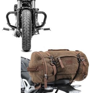 Set: Sturzbügel Mustache für Harley Davidson Sportster 04-20 + Hecktasche Vintage 35L Canvas Rucksack Gepäckrolle braun_1