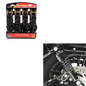 Sett: støtdemper 10,5 tommer egnet for Harley Davidson Sportster 04-20 fjærbeskyttere fra Craftride svart + motorsykkel strammesett ConStands med skralle og krok inkludert 4x surringsløkker i sort