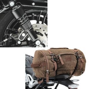 Sett: støtdemper 10,5 tommer egnet for Harley Davidson Sportster 04-20 fjærbeskyttere fra Craftride svart + motorsykkel hale bag vintage 25L canvas ryggsekk bagasjerull brun Craftride