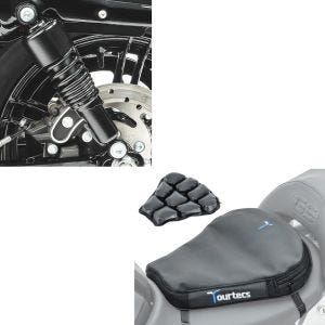 Sett: støtdemper 10,5 tommer egnet for Harley Davidson Sportster 04-20 fjærbein fra Craftride svart + motorsykkel luftpute Tourtecs Air Deluxe M komfortsetepute i svart