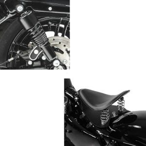 Sett: støtdemper 10,5 tommer egnet for Harley Davidson Sportster 04-20 fjærbeskyttere fra Craftride svart + motorsykkel bobber solo sete Craftride med bunnplate i svart