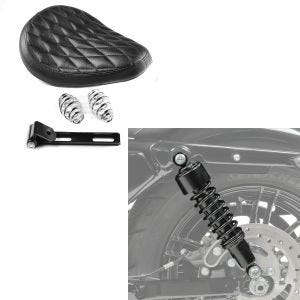 Set: Stoßdämpfer 11,9 Zoll 302mm Federbeine in schwarz + Bobber Schwingsattel DC mit Federn für Chopper_1