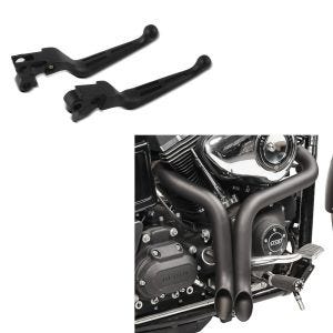 Sett: Craftride eksos drag pipe motorsykkel baklyddemper egnet for Harley Davidson Sportster Dyna Softail Touring svart + bremsespak og clutch spak sett Stripe egnet for Harley Davidson Dyna Sportster Softail Touring 96- svart Craftride