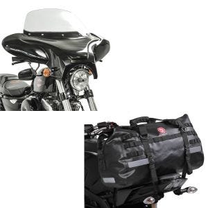 Sett: Batwing fairing egnet for choppere og spesialsykler med frontrute + halebag Drybag XB50 vanntett volum 50l