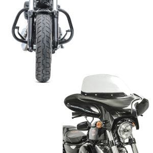 Set: Batwing Windschild für Chopper und Custombikes + Sturzbügel für Harley Davidson Sportster 04-20 HS5 schwarz_1