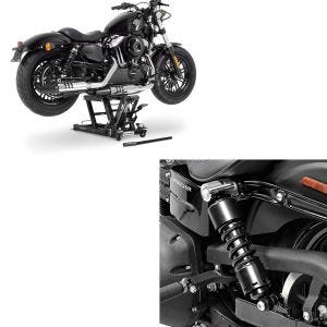 Set: Stossdämpfer 11" für Harley Dyna 1991-2017 Tieferlegung + Hebebühne L für Harley und Chopper -680kg_1