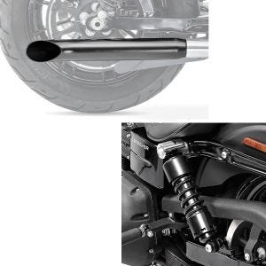 Set: Stossdämpfer 11" für Harley Dyna 1991-2017 Tieferlegung + Endschalldämpfer Universal Caferacer Turn Out schwarz_1