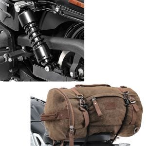 Sett: Støtdemper 11" egnet for Harley Davidson Dyna 1991-2017 senking sort Craftride + motorsykkel hale bag vintage 25L canvas ryggsekk bagasje rull brun Craftride