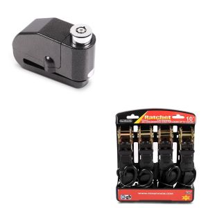 Set: Spanngurt Set Ratsche mit 4x Zurrschlaufe schwarz + Bremsscheibenschloss Alarm 120dB schwarz_1
