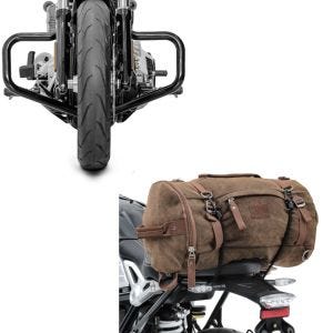 Set: Sturzbügel Mustache Harley Davidson Softail 18-21 in schwarz + Hecktasche Vintage 35L Canvas Rucksack Gepäckrolle braun_1