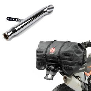 Sett: Bakpose SX70 70L vanntett i svart + bakre lyddemper Universal Caferacer Turn Out krom