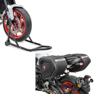Set: Seitentaschen RF1 40-60 Liter Volumen Softshell + Montageständer Vorderrad Motorradständer vorne_1