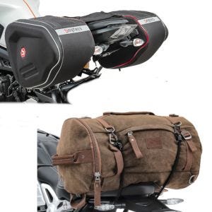 Sett: sidevesker RF1 40-60 liter volum softshell + bakveske vintage 25L canvas ryggsekk bagasjerull brun