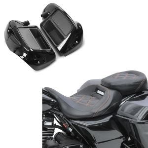 Sett: Sete egnet for Harley Davidson Touring 09-24 Komfortsete Craftride RH3 svart-oransje + benskjold egnet for Harley Davidson Touring-modeller 14-24 Craftride ventilert svart