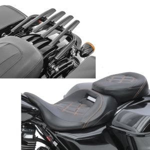 Sett: Sete egnet for Harley Davidson Touring 09-24 Komfortsete Craftride RH3 svart-oransje + Bagasjehylle egnet for Harley Davidson Touring 09-24 Craftride avtagbar i svart