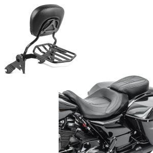 Sett: sete egnet for Harley Davidson Touring 09-24 komfortsete Craftride CV sort + sissy bar egnet for Harley Davidson Touring-modeller 2009- Craftride Fast Driver-L Flex inkl. bagasjehylle