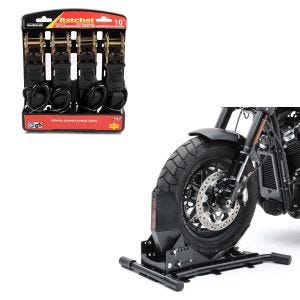 Sett: Motorsykkel rocker Easy Vario forhjulsklemme justerbar svart + strammesett med skralle og krok inkludert 4x surringsløkker i svart