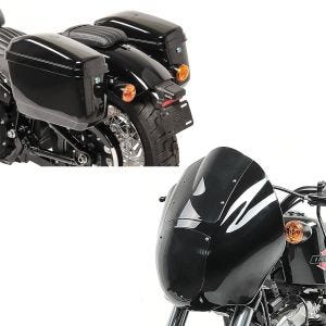 Sett: Lampemaske egnet for Harley Davidson Dyna / Sportster lysmaske Craftride Q1 mørk + chopper sidevesker (par) Craftride Nevada 20 liter hver sort