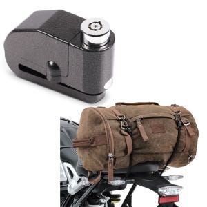 Sett: halebag vintage 25L canvas ryggsekk bagasjerull brun + bremseskivelås alarm 110dB BS-Motoparts tyveribeskyttelse svart