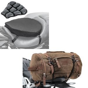 Set: Hecktasche Vintage 35L Canvas Rucksack Gepäckrolle braun + Luftkissen Tourtecs Air ML Komfort Sitzkissen in schwarz_1