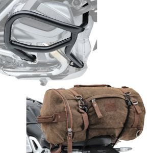 Set: Sturzbügel für BMW R 1250 GS 19-21 Motoguard L2 Schutzbügel + Hecktasche Vintage 35L Canvas Rucksack Gepäckrolle braun_1