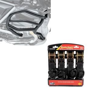 Sett: crashbar egnet for BMW R 1250 GS 19-23 XL4 crashbar + strammesett med skralle og krok inkludert 4x surringsløkker i sort