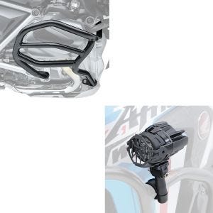 Sett: Knusebøyle egnet for BMW R 1250 GS 19-23 XL4 støtbøyle + LED ekstra lyskaster med støtdemperholder og beskyttelsesgitter S22X