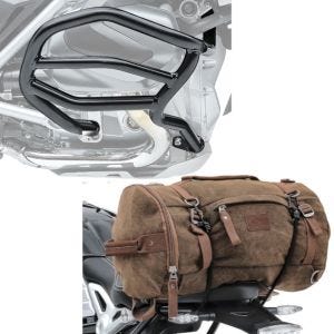 Set: Sturzbügel für BMW R 1250 GS 19-21 Motoguard XL4 Schutzbügel + Hecktasche Vintage 35L Canvas Rucksack Gepäckrolle braun_1