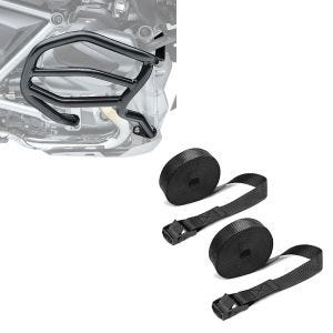 Sett: crashbar egnet for BMW R 1250 GS 19-23 XL4 crashbar + strammesett sett med surrestropper 150cm 2 stk i svart