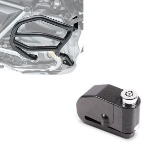 Sett: crashbar egnet for BMW R 1250 GS 19-23 XL4 crashbar + bremseskivelås alarm 110dB BS-Motoparts tyverisikring svart