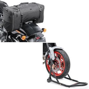 Set: Hecktasche SQ1 Soziustasche für Chopper und Cruiser + Montageständer Vorderrad Motorradständer vorne_1
