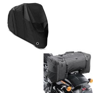 Sett: hale bag SQ1 pillion bag egnet for choppere og cruisere + presenning XL deksel i svart