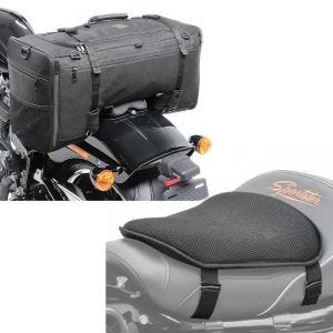 Sett: halebag SQ1 pillion bag egnet for choppere og cruisere + gel setepute M universal komfort pute svart