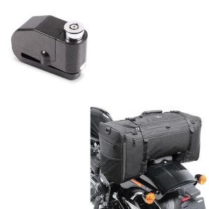 Sett: halebag SQ1 pillion bag egnet for choppere og cruisere + bremseskivelås alarm 110dB BS-Motoparts tyveribeskyttelse svart