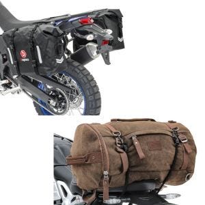 Set: Satteltaschen Wasserdicht WP8 2x30L Rollverschluss Seitentasche + Hecktasche Vintage 35L Canvas Rucksack Gepäckrolle braun_1