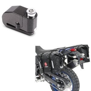 Sett: salvesker vanntett WP8 2x30L rullelukking sidelomme + bremseskivelås alarm 110dB BS-Motoparts tyveribeskyttelse svart