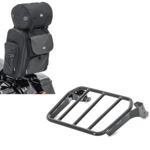 Set: Gepäckträger für Sissybar für Harley Fat Bob / 114 18-21 schwarz + Sissybar Tasche SXL Hecktasche mit Gepäckrolle in schwarz_1