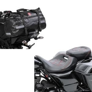 Sett: sete egnet for Harley Davidson Touring 09-24 komfortsete Craftride RH3 svart-rød + motorsykkel hale bag Drybag Bagtecs XB50 vanntett volum 50l